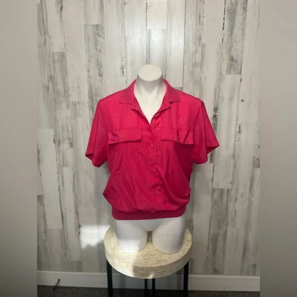 Vintage Rhoda Lee Bright Pink Button Down Blouson Shirt Womens Size 12 Made in U